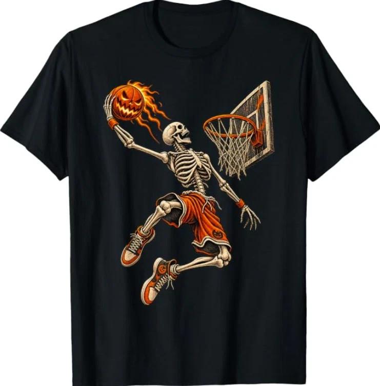 Funny Halloween Skeleton Playing Basketball T-Shirt