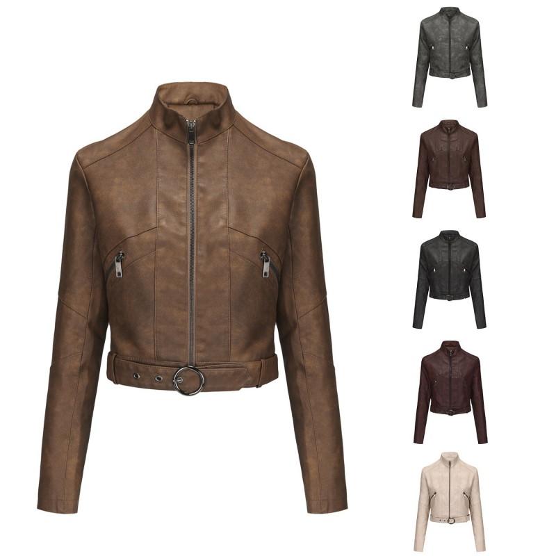 Womens PU Leather Moto Jacket With Belt Long Sleeve Zipper Coat Casual Outerwear