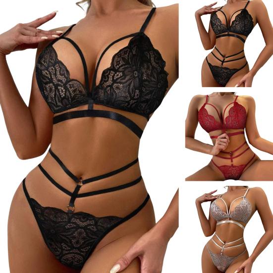 2 Pcs/Set Bra Briefs Set See-through Lace Embroidery Hollow Out Multi Straps Solid Color Thin High Waist Night Honeymoon Valentines Day Underwear Set