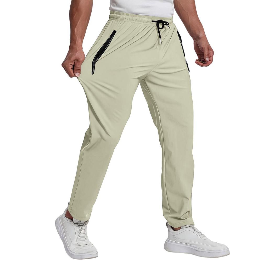 Men's Casual Lightweight Elastic Waistband Quick Dry Ice Silk Pants with Zipper Pockets Breathable Stretch Sports Trousers for Everyday Wear