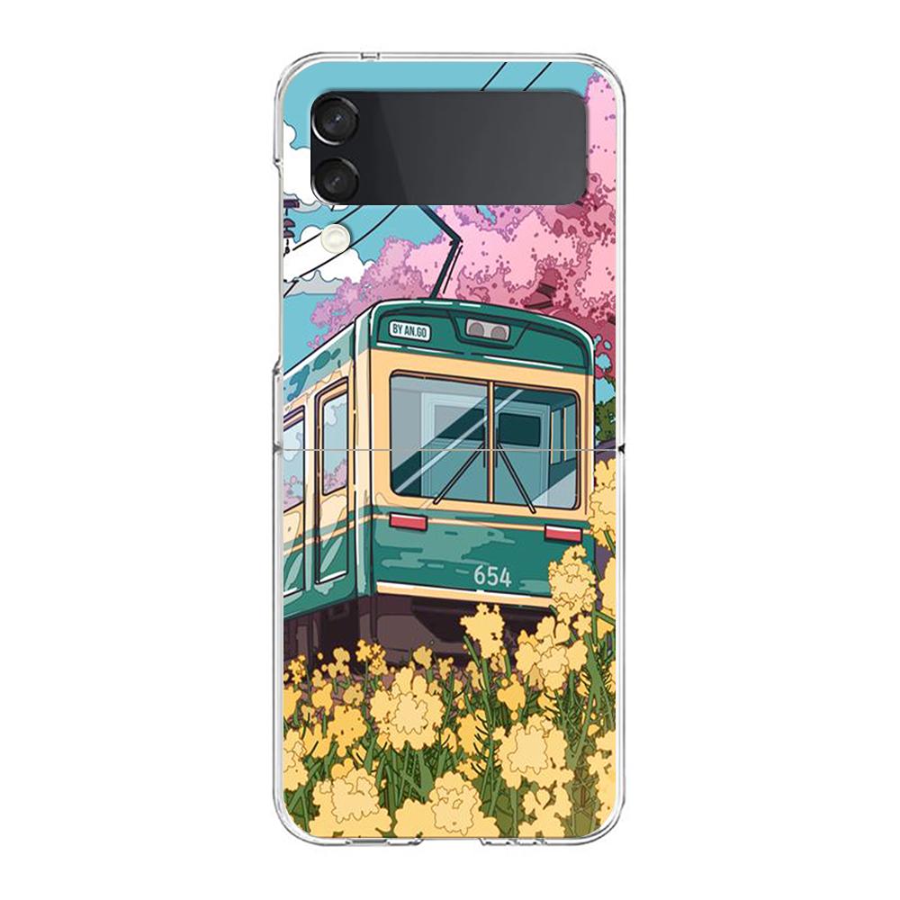 Cherry Blossoms Japanese Traint Moun For Samsung Galaxy Z Flip 3 4 5 Hard Folding Clear PC Phone Case For Samsung Z Flip3 Cover