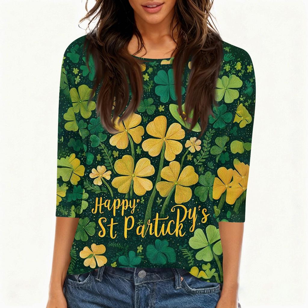 Dámské Módní Ležérní St. Tričko s potiskem na Den svatého Patrika, s kulatým výstřihem a tříčtvrtečním rukávem