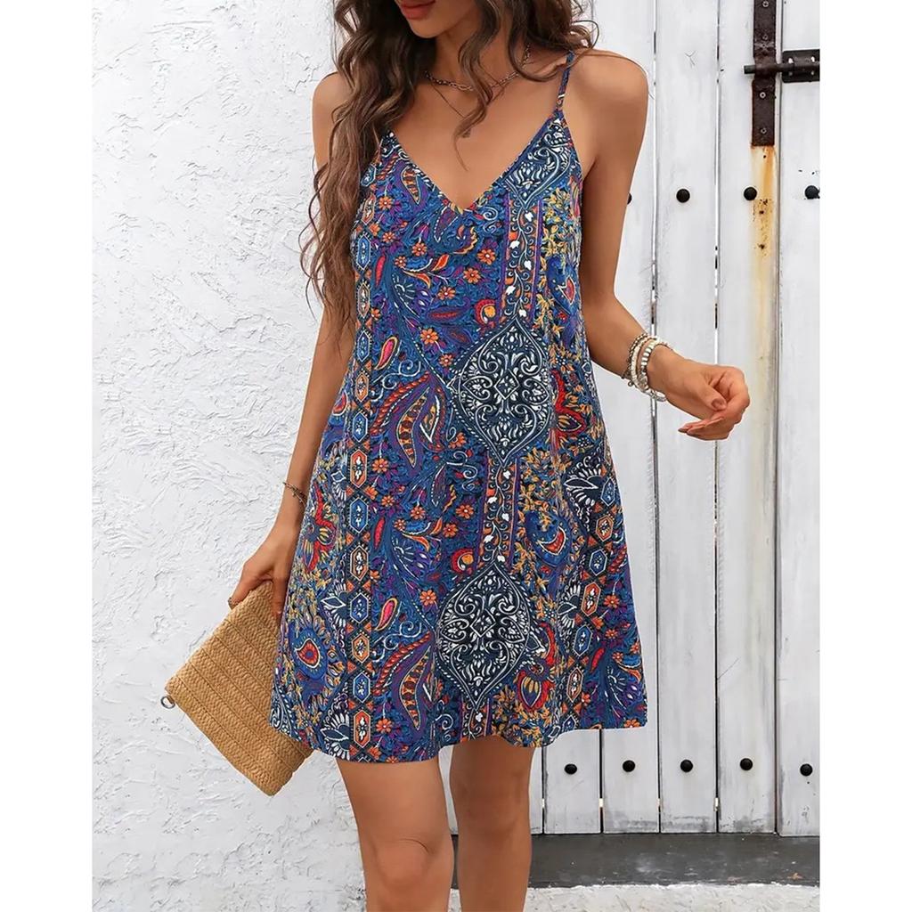 Women's Fashionable Bohemian Printed V-neck Sleeveless Dress