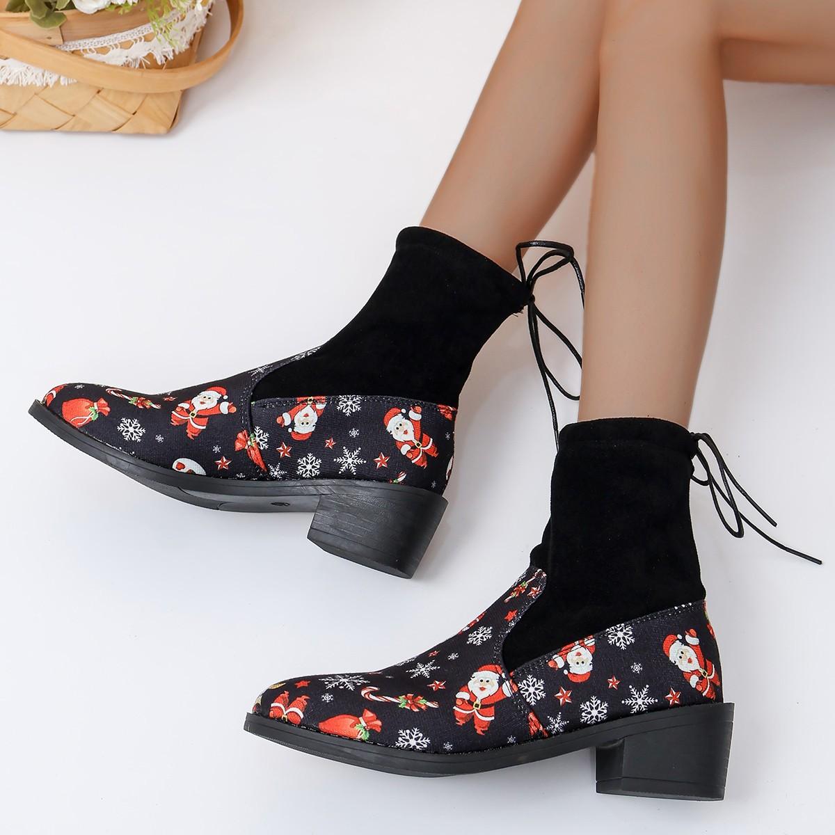 

Европейские и американские короткие сапоги 2024 года, осень и зима, новая верхняя одежда, круглый носок, квадратный каблук, рождественские сапоги на платформе большого размера 35-43 43 чёрный