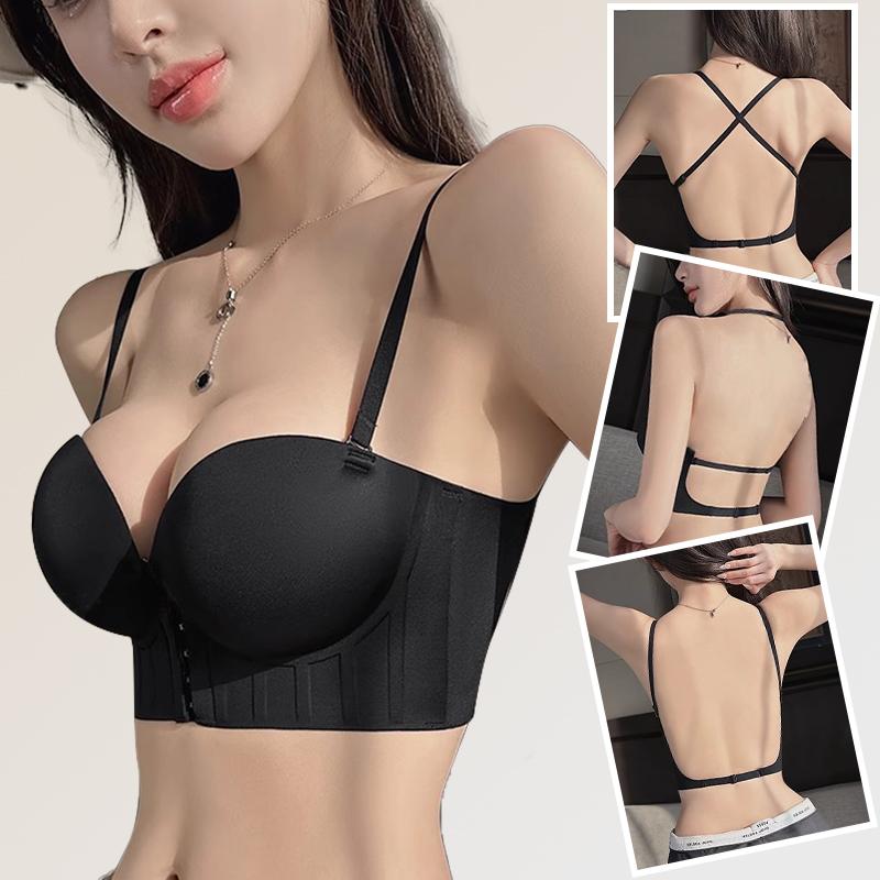Front Closure Push Up Women's Bra Seamless Wireless Backless Bras Add Cup Thick Cup Brassiere Sexy Low Back Multiway Brassiere Gather Lingerie Female