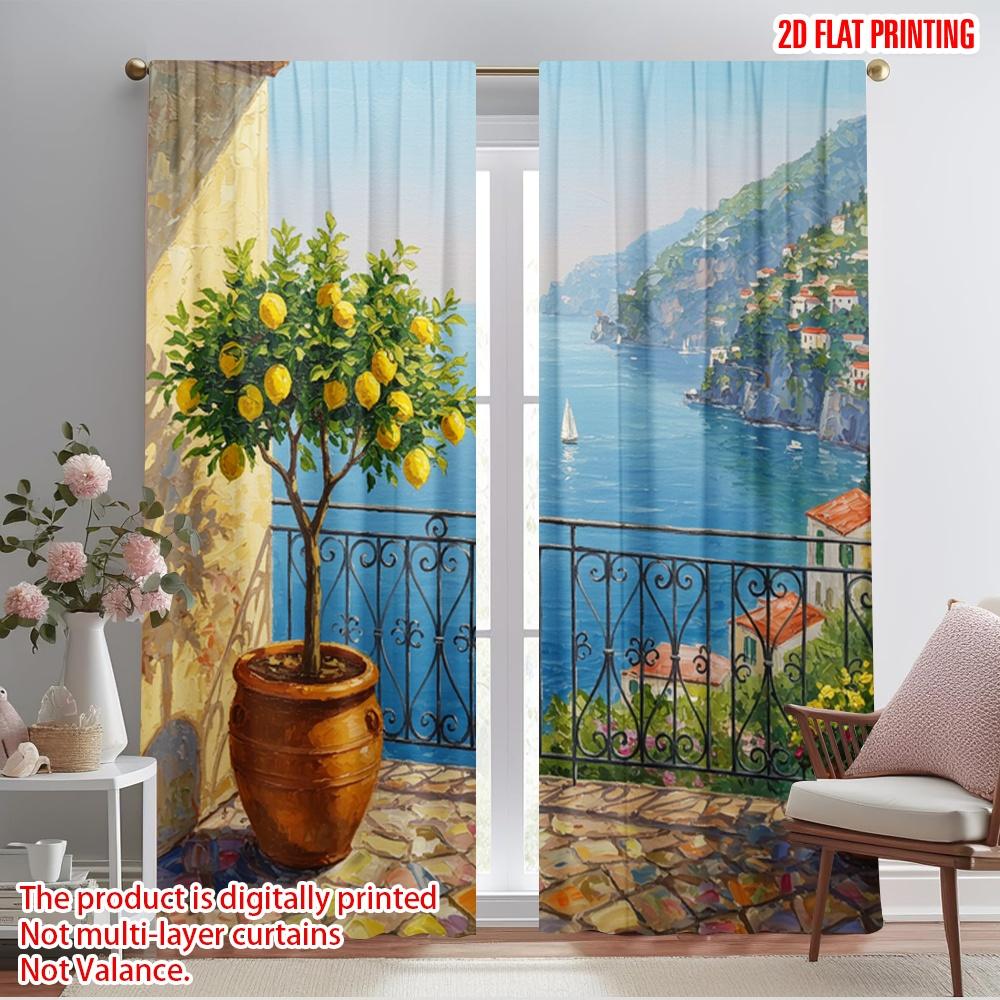 

2pcs 2D flat printing Drapes Lemon Tree Balcony Seaview Polyester Without Electricity Holiday Decorations for Holiday 52.50×116.00 CM 2pcs