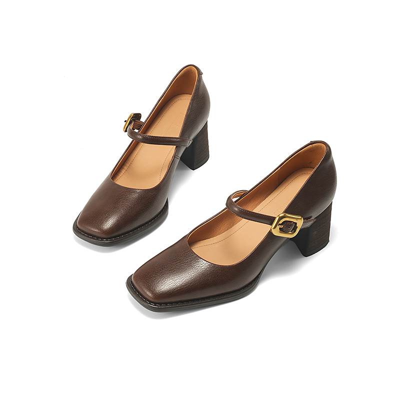 

Krazing Pot Модные туфли из коровьей кожи на лето, весну и осень, на толстом высоком каблуке с металлической пряжкой, женские туфли-лодочки европейского дизайна с квадратным носком 34 коричневый