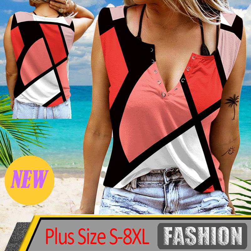 

Женская сексуальная летняя мода Топы на пуговицах Жилет Футболка без рукавов с V-образным вырезом Прохладные и мягкие топы Дышащие плюс-сайз XS-6XL