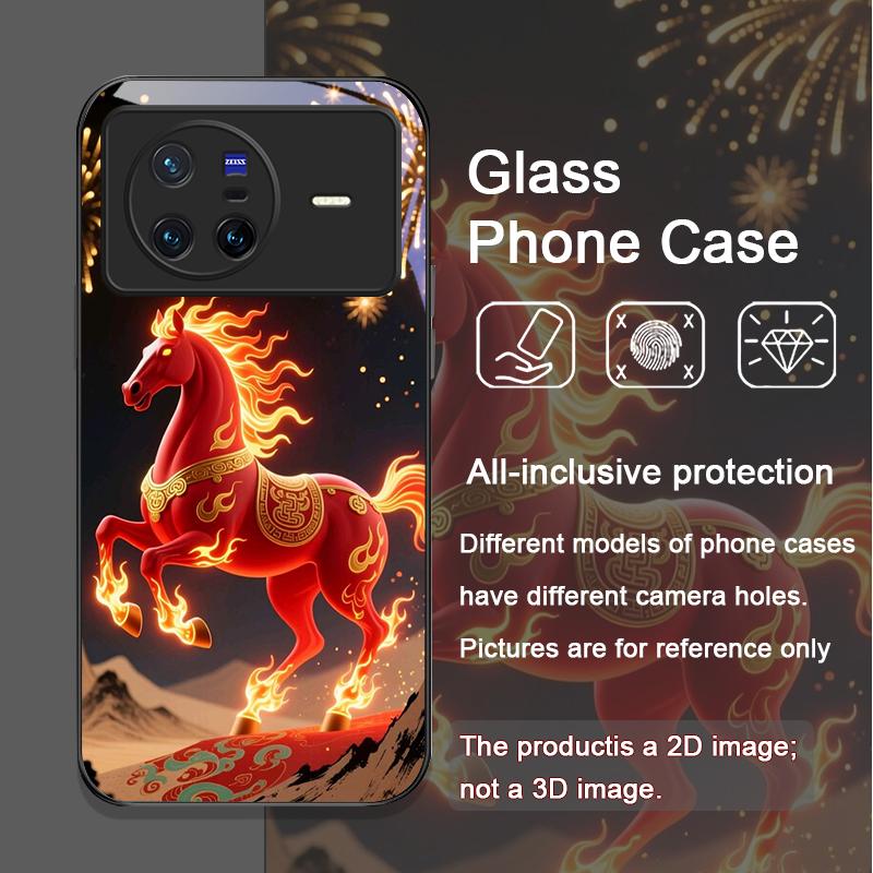 Stylish Chinese-Style Red Horse Print Tempered Glass Phone Case for OPPO Reno 13F 12 11 10 Pro Plus Find X8 X5 X3 PRO Lite Cover