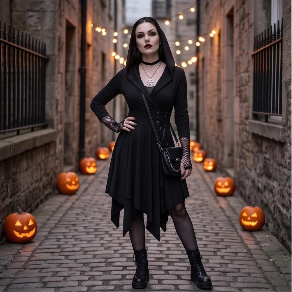 Damen Gothic Farbige Kapuzen-Schnürkleid mit asymmetrischem Schürzen Saum