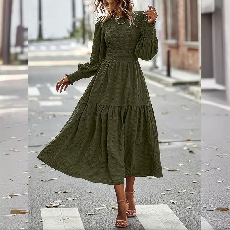 

Платье-фонарик с рукавами в стиле бохо для женщин - круглый вырез, длинный рукав, макси, повседневное, свободного кроя, осеннее платье для отпуска XL зелёный