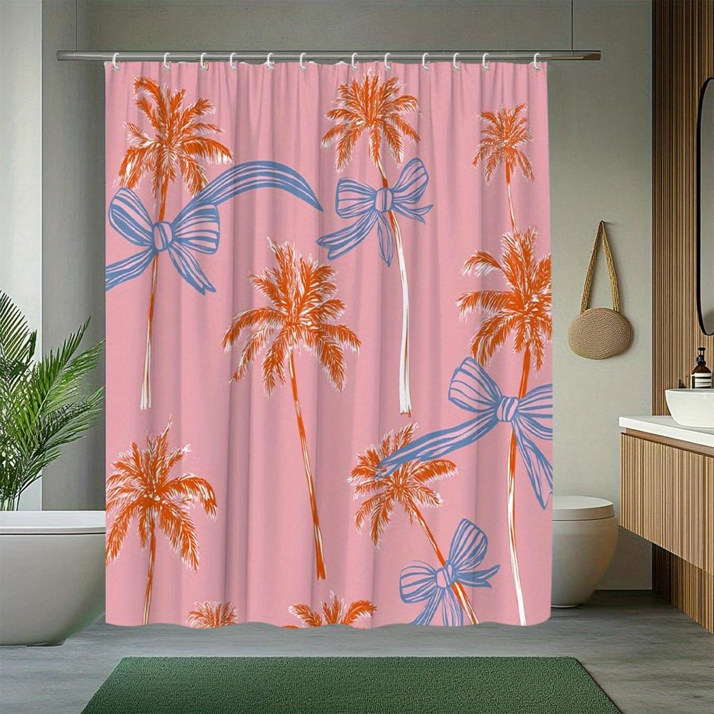 1Pc Tropical Palm Tree Bow Pattern Shower Curtain, Pink Background Floral Plant Print Design, Bathroom Decor, Polyester Fabric