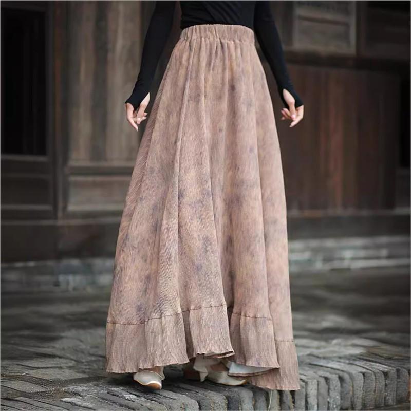 Johnature Femei Fuste Florale cu Imprimeu Vintage Haine Toamnă Patchwork Fuste Femei cu Talie Elastică