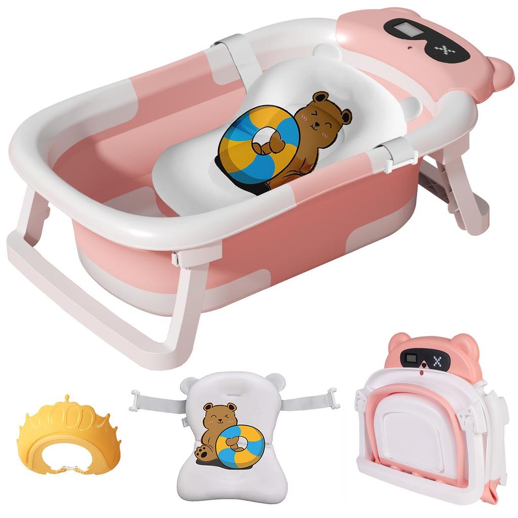 Foldable Baby Bathtub for Infants To Toddler, Portable Travel Bathtub with Thermometer & Bath Cushion & Bath Cap, Baby Bathtub for Newborn 0-36 Month