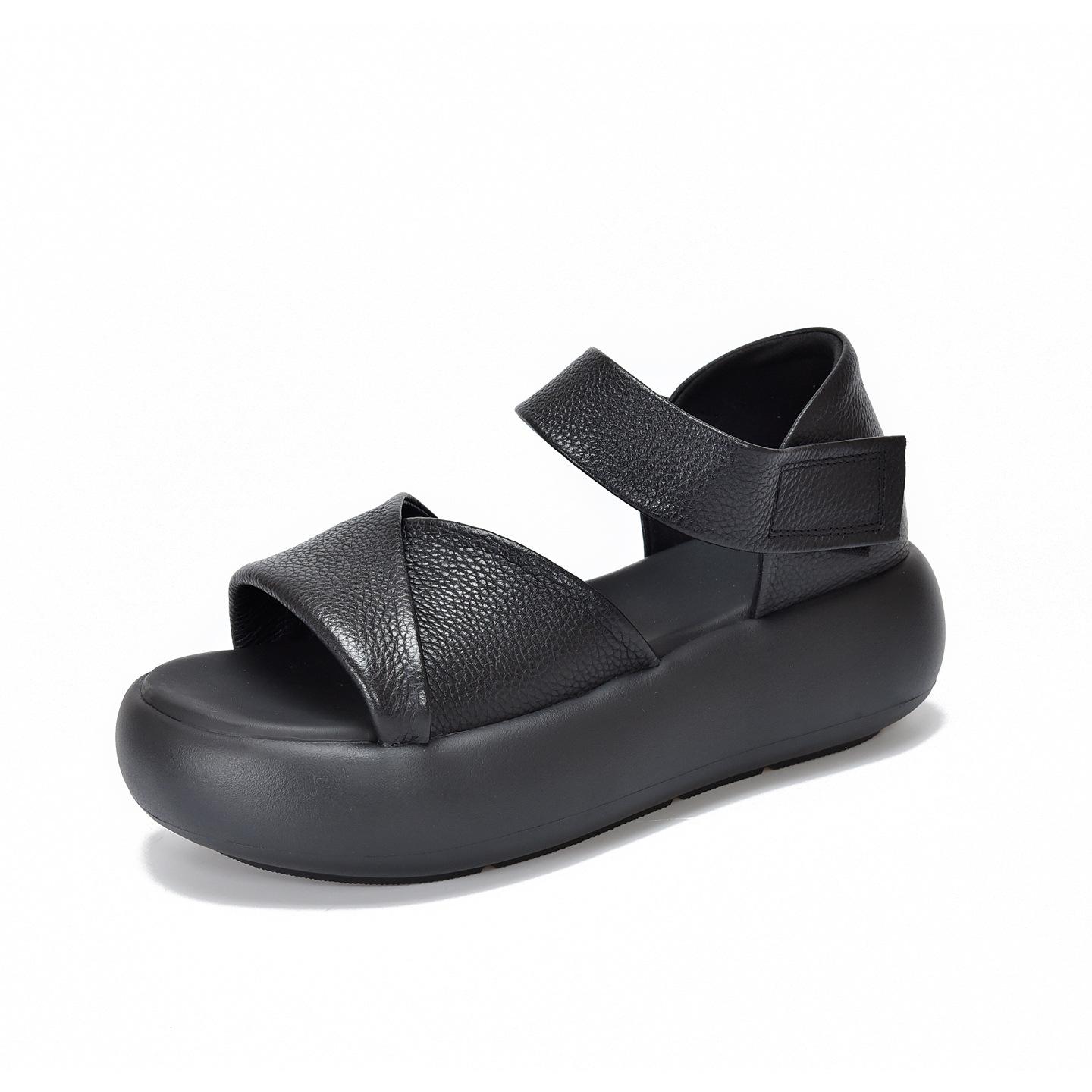 

Johnature Retro Thick Soled Cowhide Peep Toed Sandals Genuine Leather Women s Platform Shoes 39 чёрный