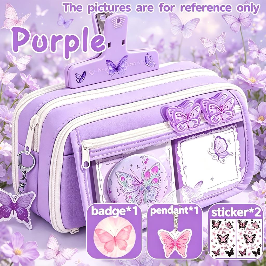Trousse à crayons violette à 13 compartiments Grande capacité Set Pochette à fournitures à fenêtre transparente Sac à crayons Cadeau d'anniversaire pour enfants