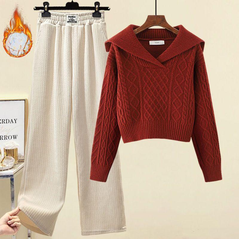 Women's Winter Sweater Suit - Velvet-Added Casual Wide-Leg Pants Two-Piece Set