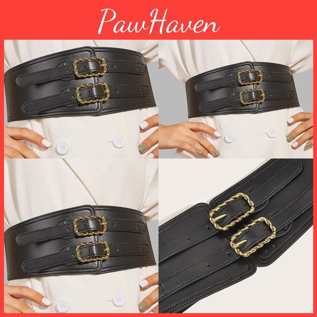 Women Vintage Elastic Waistband Waist Cincher With Double Button Twist Buckle