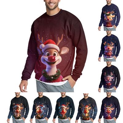 סווטשירט קפוצ'ון נוח אופנתי יומיומי לגברים עם הדפס איילים לחג, צווארון עגול, סווטשירט