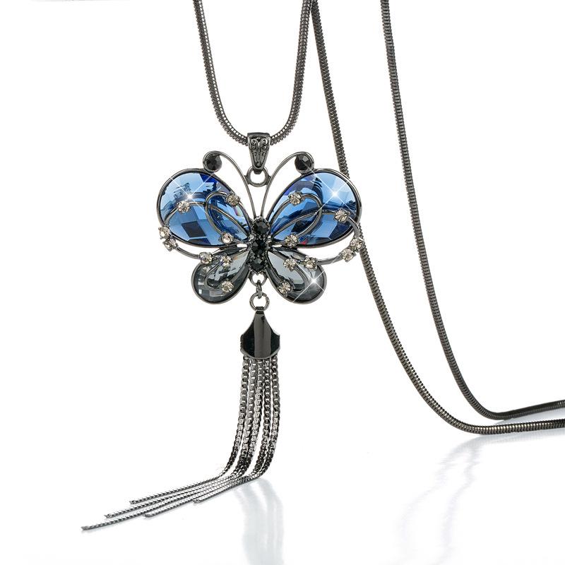 Crystal Butterfly Sweater Chain Female Long Autumn And Winter Necklace Accessories Fashion Versatile Fringed Necklace Pendant K5