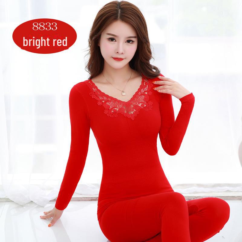 Women's Plus Size Benmingnian Red Thermal Autumn Wear Set: Top & Bottom Suit