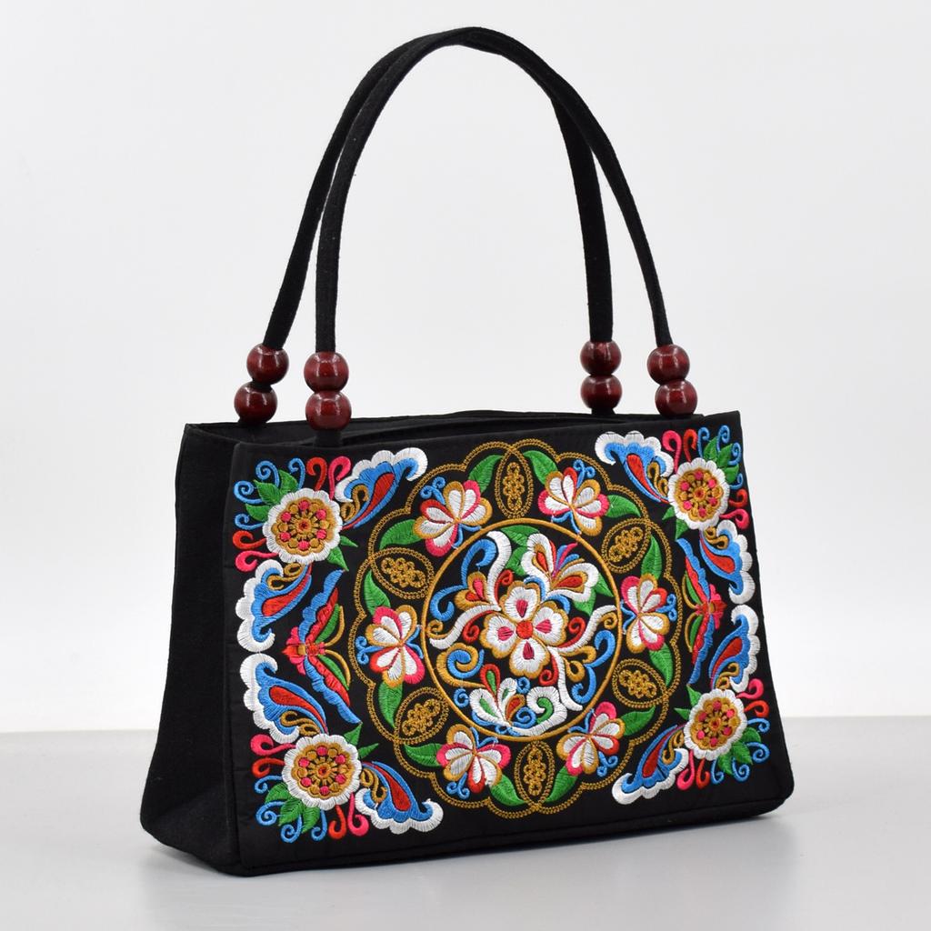 1Pc Ethnic Style Double-sided Embroidered Handbag, Wooden Bead Accessories Double Zipper Portable Canvas Bag Portable Mobile Phone Wallet