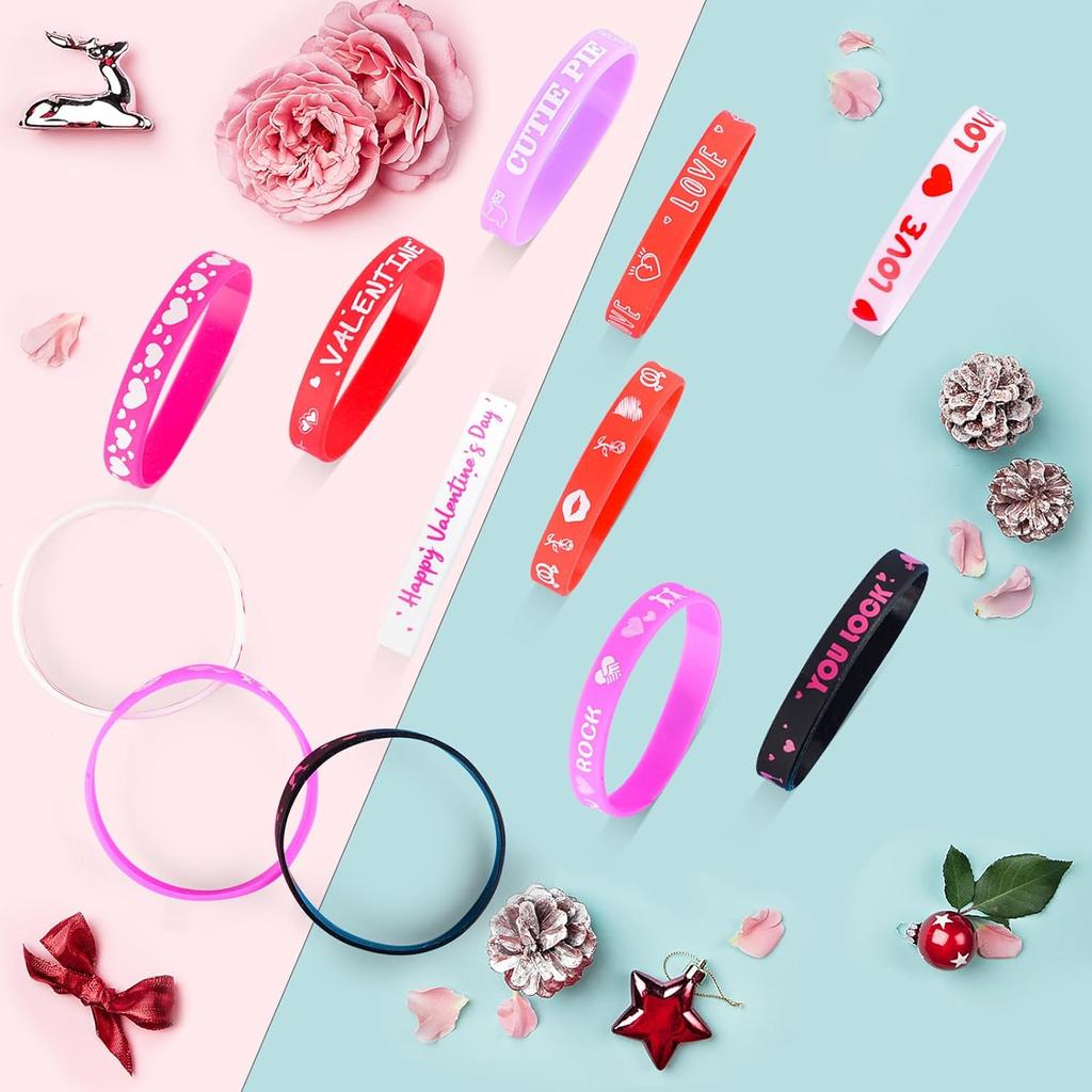 30pcs Valentines Day Rubber Bracelet Bulk Colorful Silicone Wristbands for Women and Kids Valentine Party Favors Supply Classroom Gifts