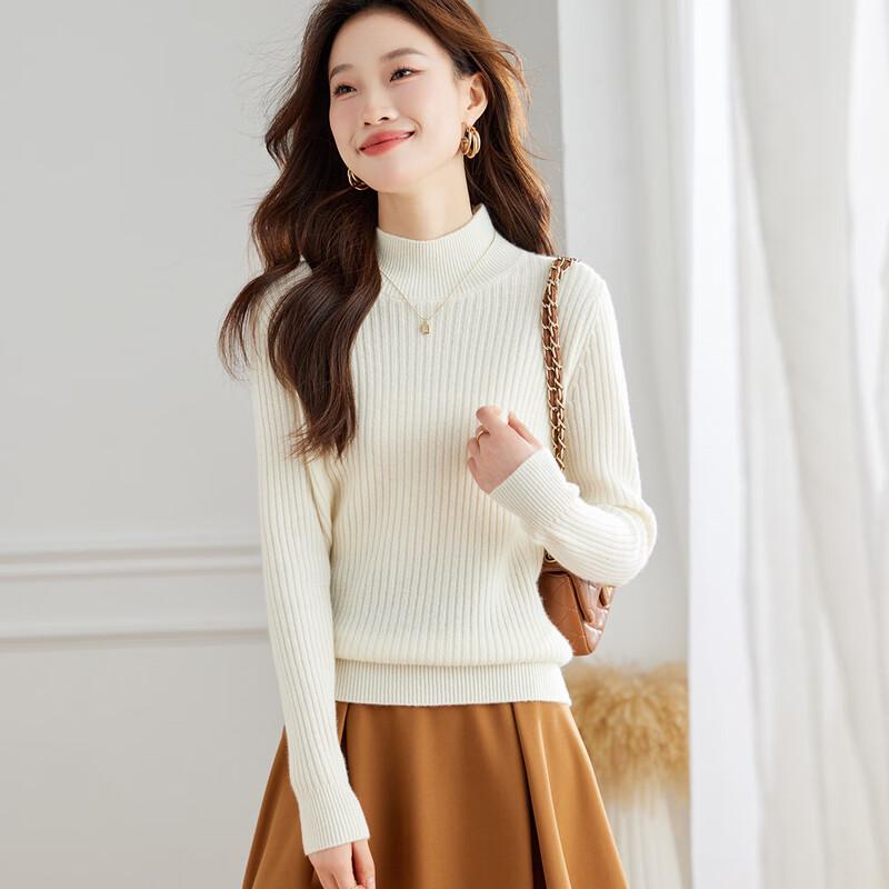 Srcr Women's Pure Wool Semi-High Collar Knit Base Layer Sweater