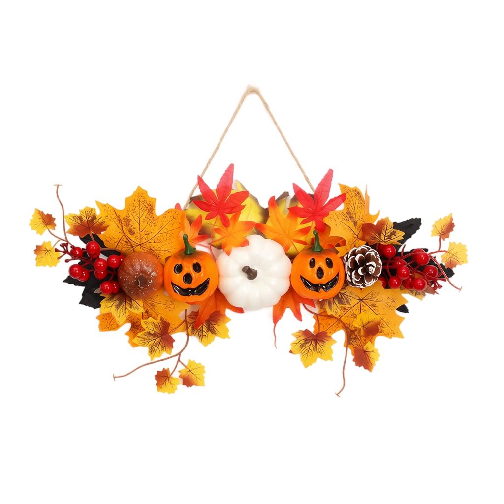 Artificial Maple Leaf Pumpkin Hanging Decoration with Pinecones and Berries for Indoor Outdoor Autumn and Halloween Display