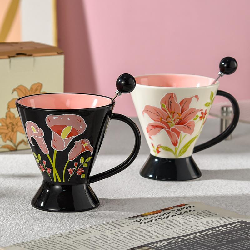 Good looking Embossed Coffee Cup with Spoon High End Exquisite Flower Mug Ceramic Design Niche Retro Features
