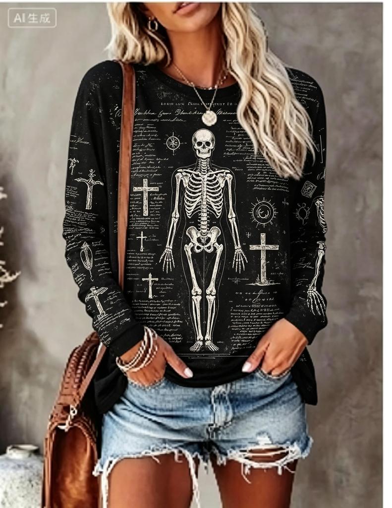 Damen Halloween Langarm-T-Shirt Tag der Toten Zuckerschädel Rose Blumendruck Rundhalsausschnitt Herbst Lässige Oberteile