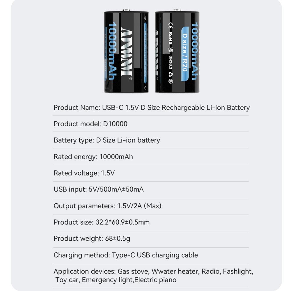 10000mAh 1.5V D-size Battery Type - C USB Rechargeable Li-ion Lipo LR20 Gas Furnace Boiler Water Heater