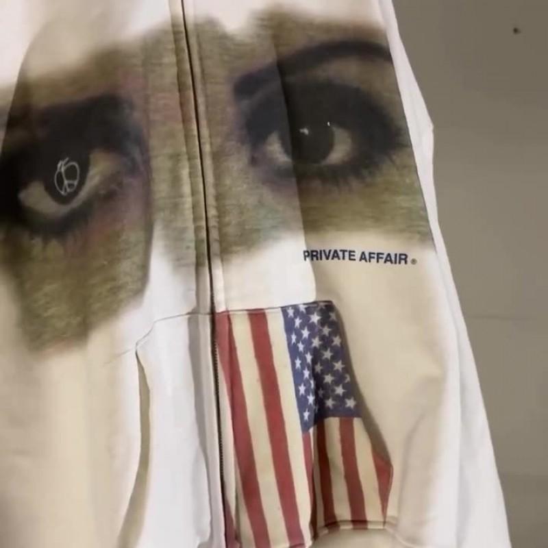 Unisex Streetwear Hooded Zip-Up Sweatshirt With Eye Flag Print Fall Winter Loose Fit