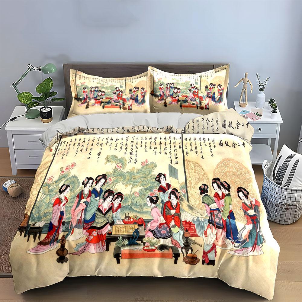 Chinese Traditional Twelve Beauties Bedding Set 3pcs,Vintage Watercolor Lady Art Duvet Cover,Elegant Cultural Bedding for Hoom