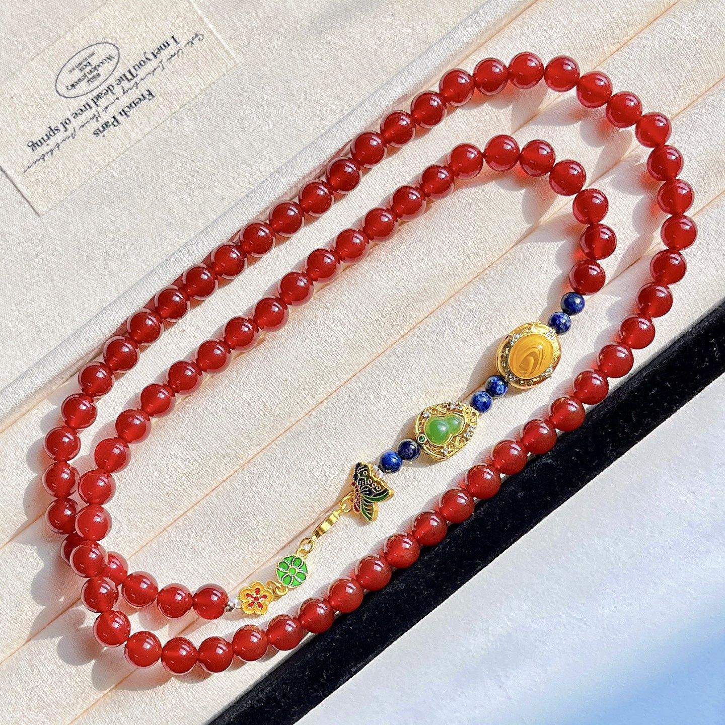 8Mm Pigeon Blood Red High Quality Natural Chalcedony Agate Sweater Chain Necklace