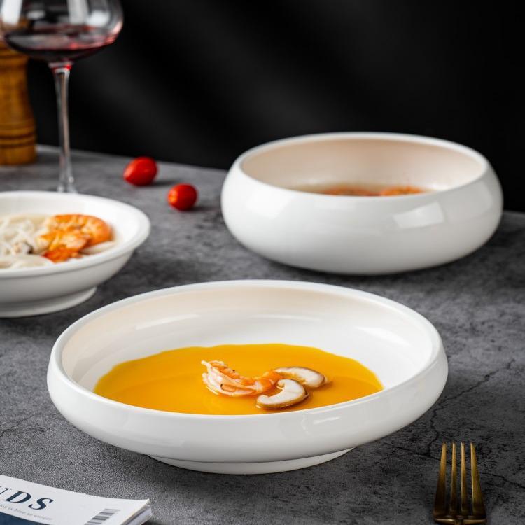 White High-Footed Ceramic Soup Bowl - Deep Plate for Home or Hotel Use