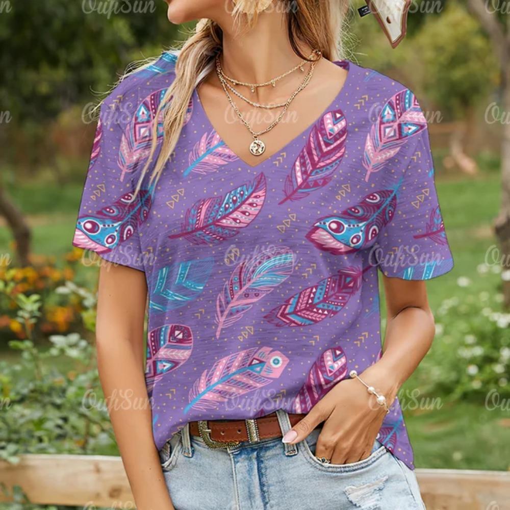 Women's T-shirt Summer V-neck Short-sleeved Top Fashion Feather Pattern 3d Printing Casual Daily Women's Clothing