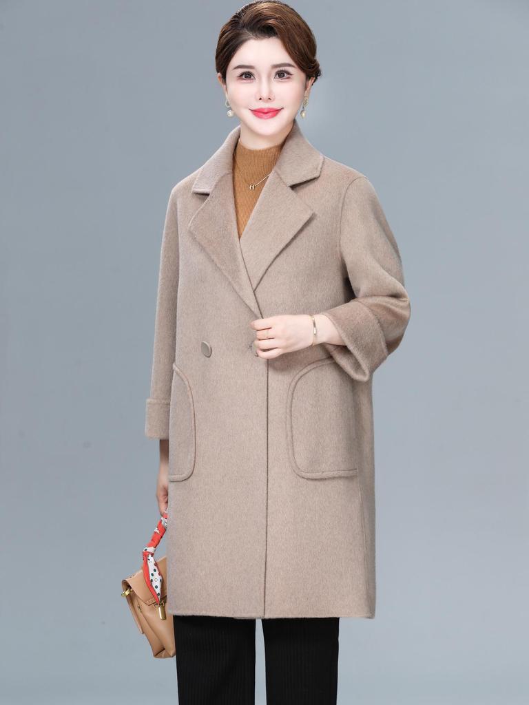 Mom's Stylish Mid-Length Double-Faced Cashmere Wool Coat for Autumn & Winter - High-End, Loose Fit for Middle-Aged Women