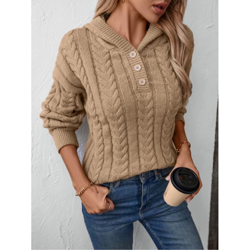 Women's Fall and Winter Vintage Hooded Pullover Sweater Comfortable Button Soft Knit Top