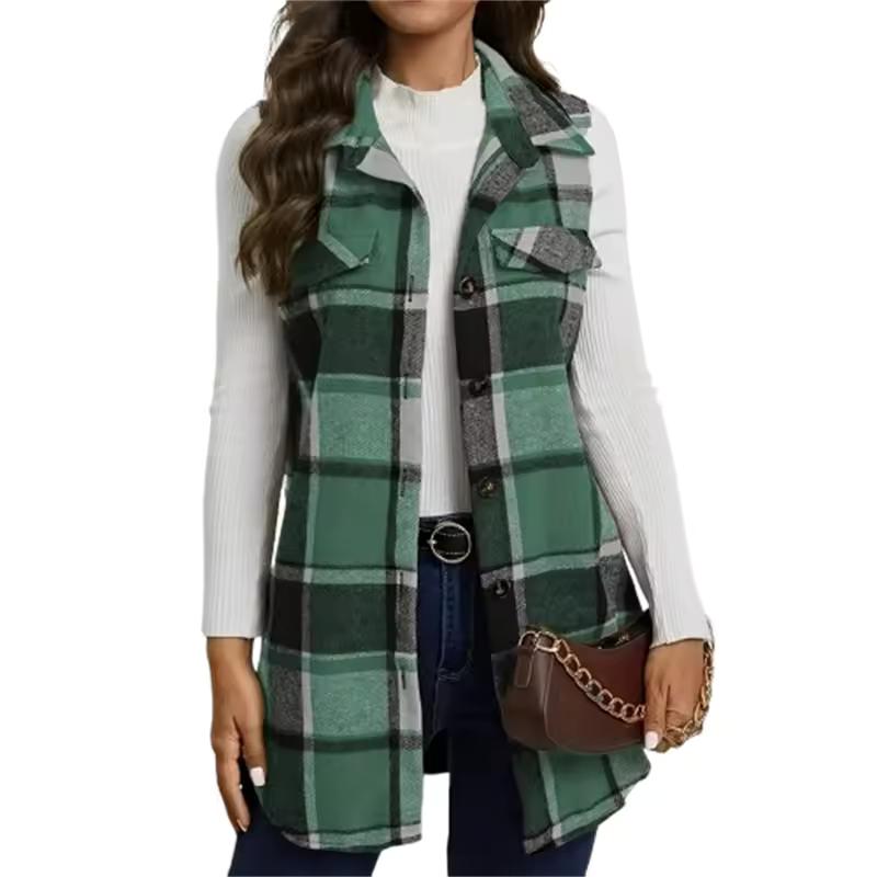 Women Plus Size Plaid Print Flap Detail Sleeveless Coat Ladies Fashion Sleeveless Thick Thermal Vest Women Outwear