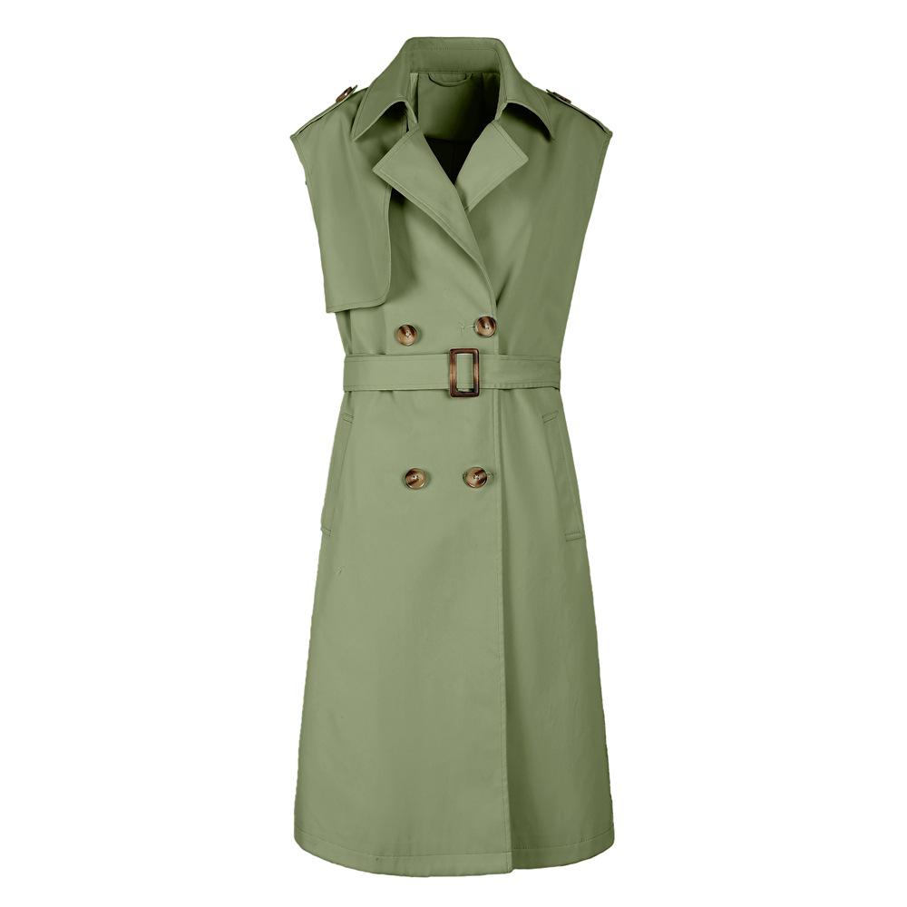 Women's Sleeveless Double-Breasted Trench Coat - Lapel, Belted, Polyester Outerwear, Casual Style
