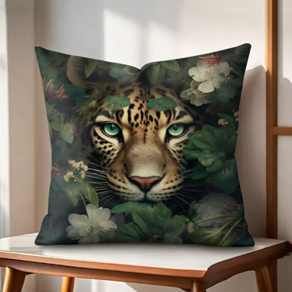 Leopard Kranz Kunst Kissenbezug Natürlicher Leinen Bio-Stoff Beidseitiger Druck Sofakissenbezüge Heimdeko Geschenk