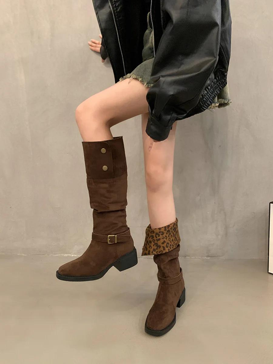 

2025 Designer Leopard Pleated Knee Boots Woman Chunky Heel Pull-on Long Booties Ladies Fashion Buckle High Knight Botas De Mujer 39 коричневий