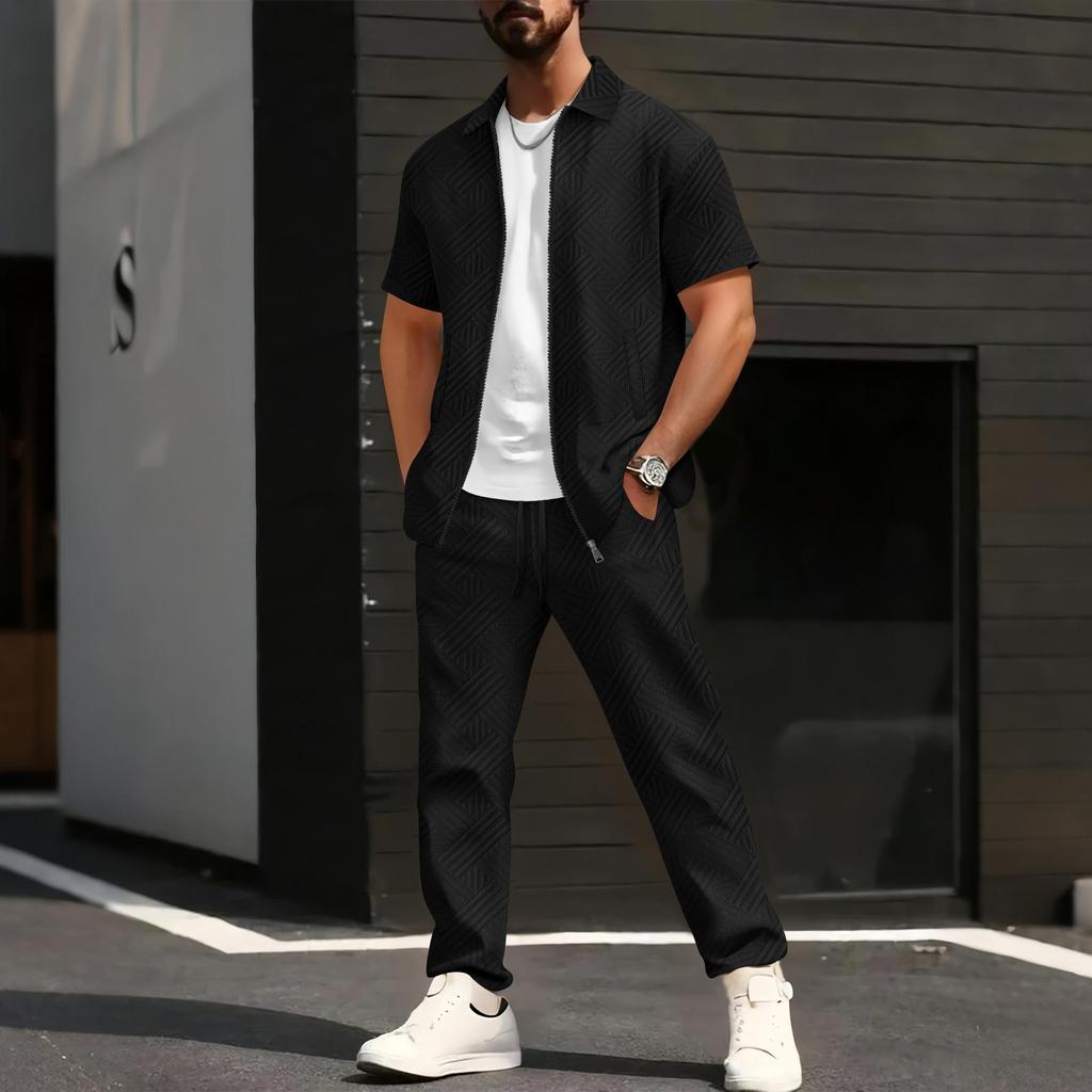 Conjunto Masculino de Jaqueta de Manga Curta e Calça com Estampa Geométrica e Camiseta Branca, Roupa Casual Streetwear