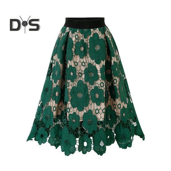 

Женская юбка с высокой резинкой на талии, ажурное цветочное кружево, А-силуэт, двухслойная, длиной до середины голени, женская миди-юбка для вечеринок и поездок L