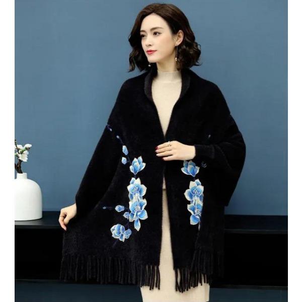 

Норковая флисовая накидка-шаль, зимний двухцелевой вышитый кардиган с бахромой, утолщенный свитер с длинными рукавами, приятный для кожи One Size чёрный