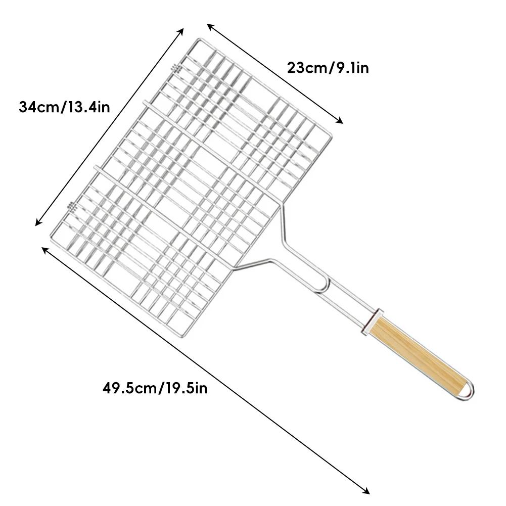 Rejilla Portátil de Acero Inoxidable para Parrilla Barbacoa al Aire Libre Cesta para Asar Pescado Mango de Madera Herramienta para Barbacoa Camping Picnic Cocina