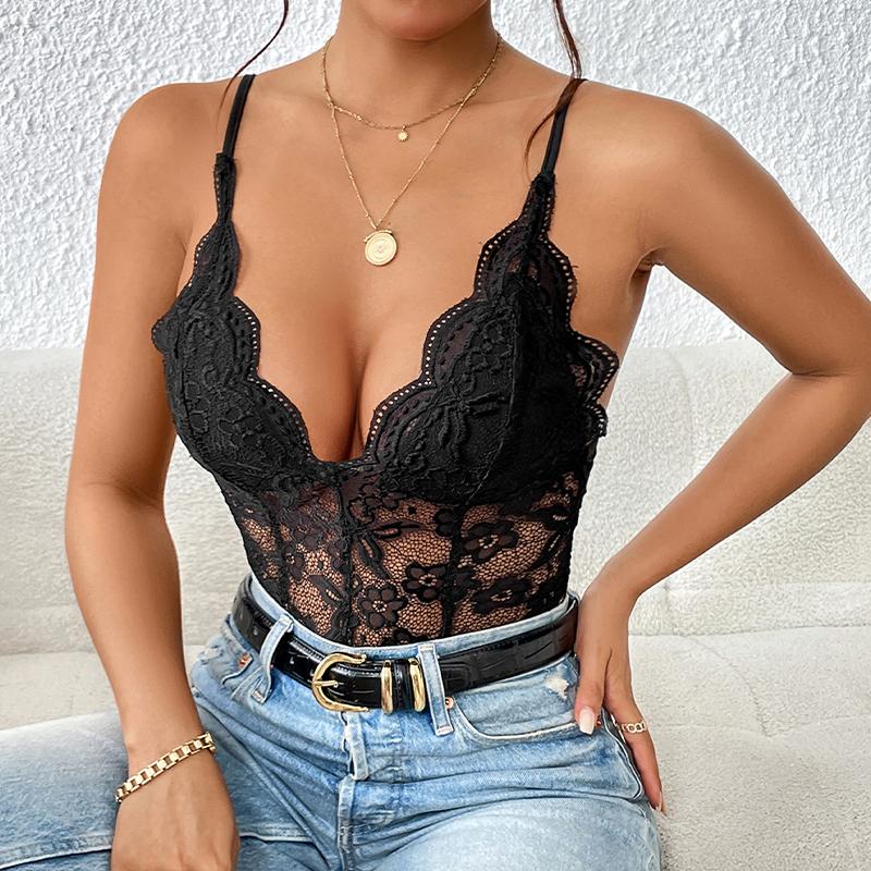 Women Sexy Black Mesh Perspective Bodysuits Lace Strap Solid Tights Jumpsuits