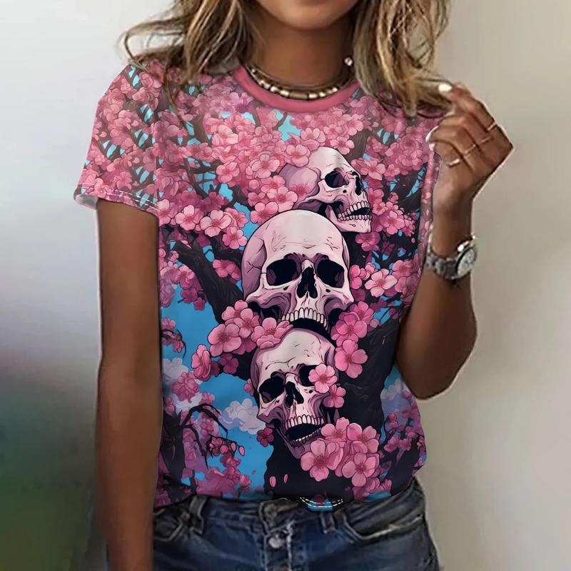 Funny 3D Skulls Print Women's T-Shirts Hip Hop Gothic Harajuku Female Clothing Fashion Rose Short Sleeve Casual O-neck Loose Top