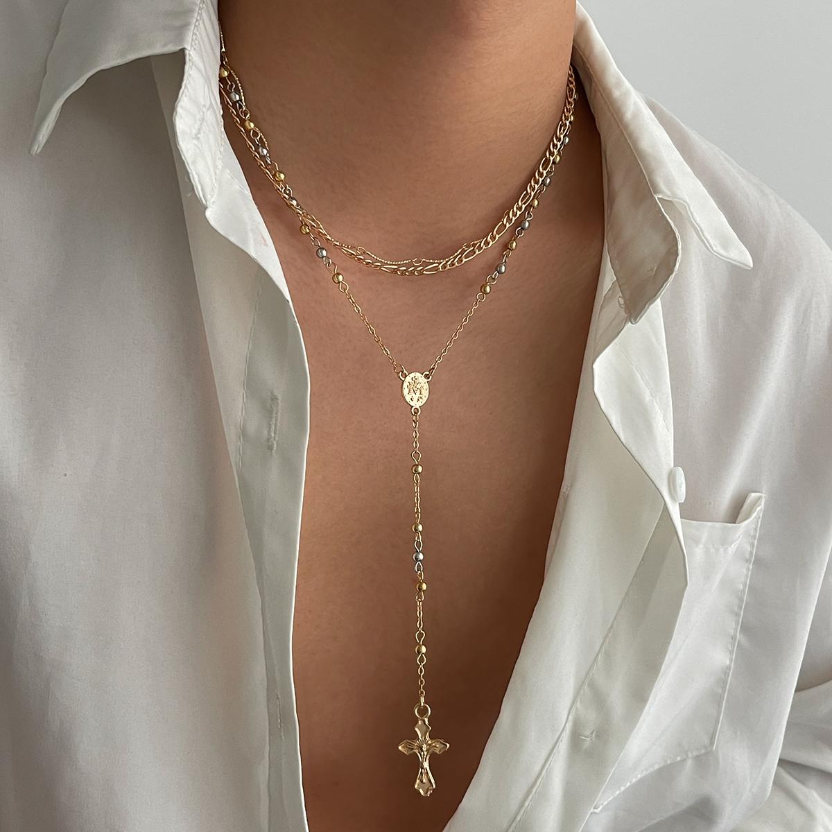 

PuRui Модный многокомпонентный набор Модное ожерелье золотого цвета для мужчин Тонкая цепочка Кулон в виде креста из металлического листа Эстетичный циркон Подарок